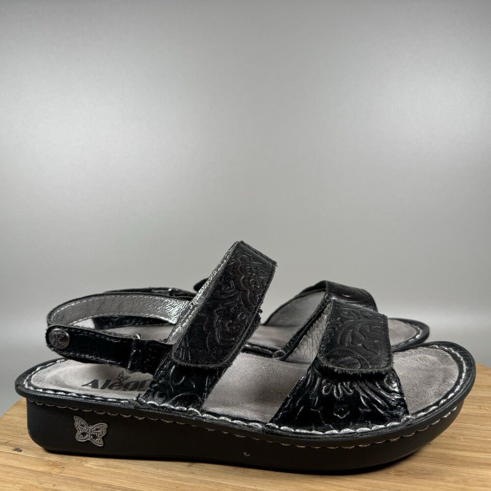 S Alegria Verona Black Leather Low Wedge Sandals EU 37 US 6